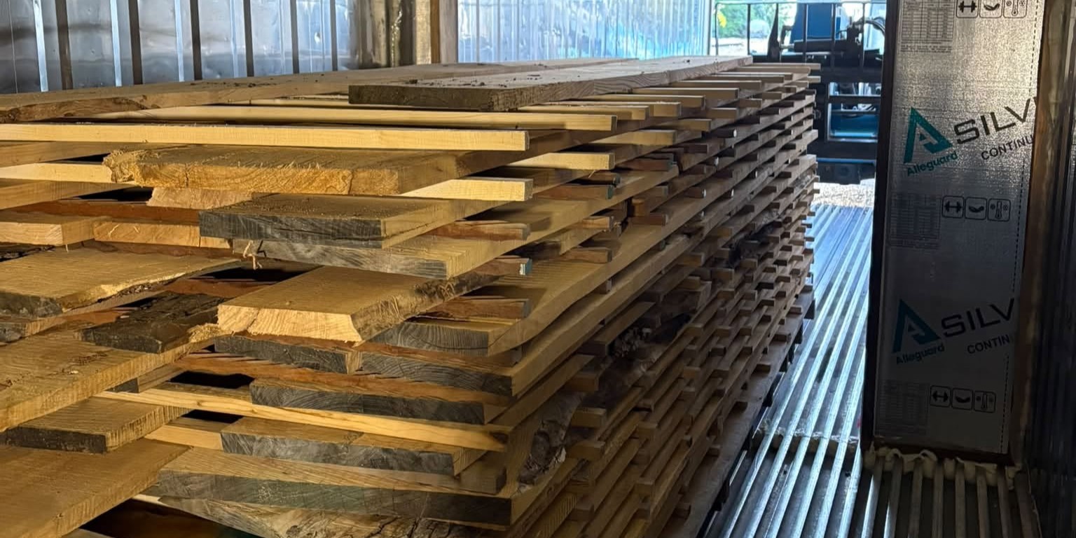 Stickered stack of wood as viewed from inside the kiln