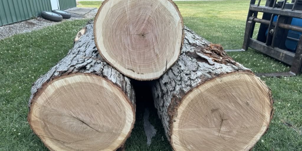 3 white oak logs stacked, waiting to be milled into lumber
